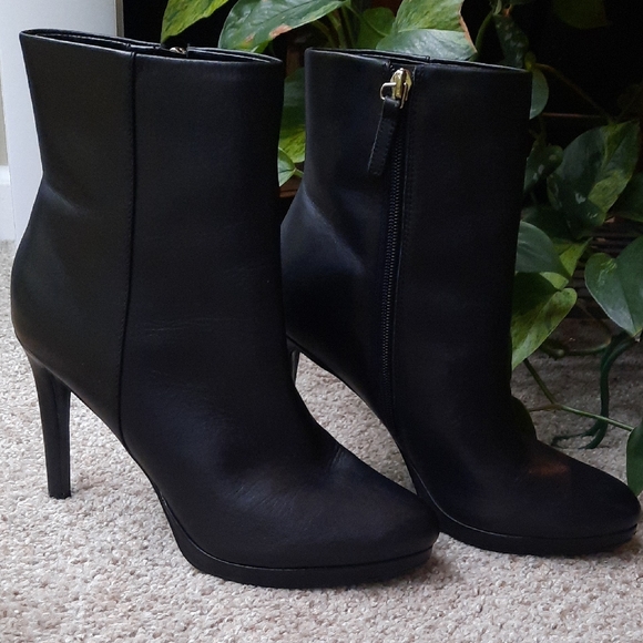 Nine West Quanette Platform Leather Black Heeled Booties - Picture 1 of 16